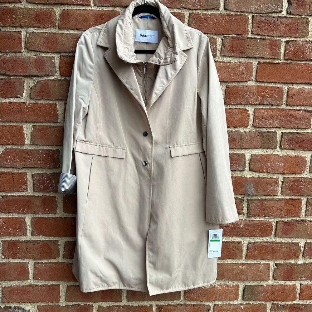 JANE POST $475 Stand Collar rain coat in stone women's size Large NEW